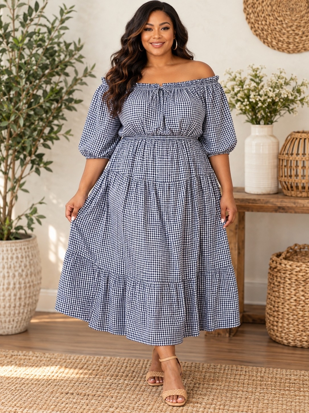 A122. Old Navy Gingham Off-Shoulder Midi Dress Blue & White 2X No Bow